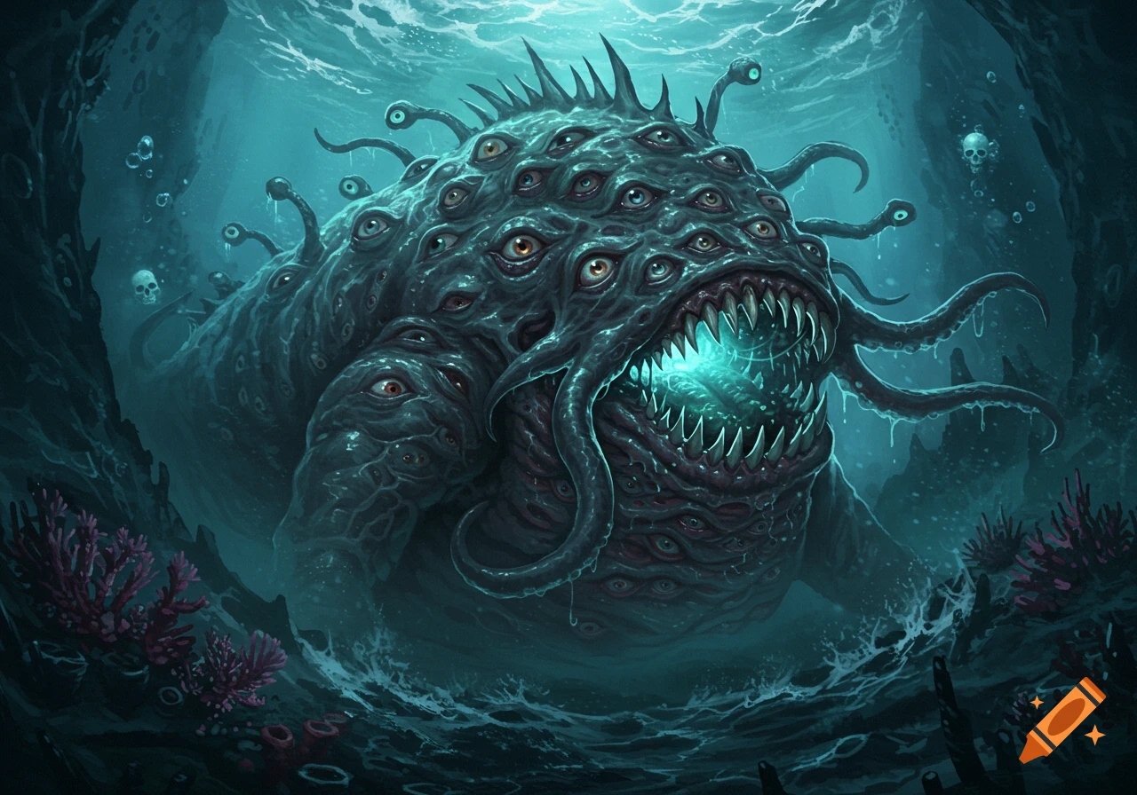A colossal, grotesque sea monster covered in many eyes and tentacles, with glowing teeth, lurks in a murky deep ocean trench.