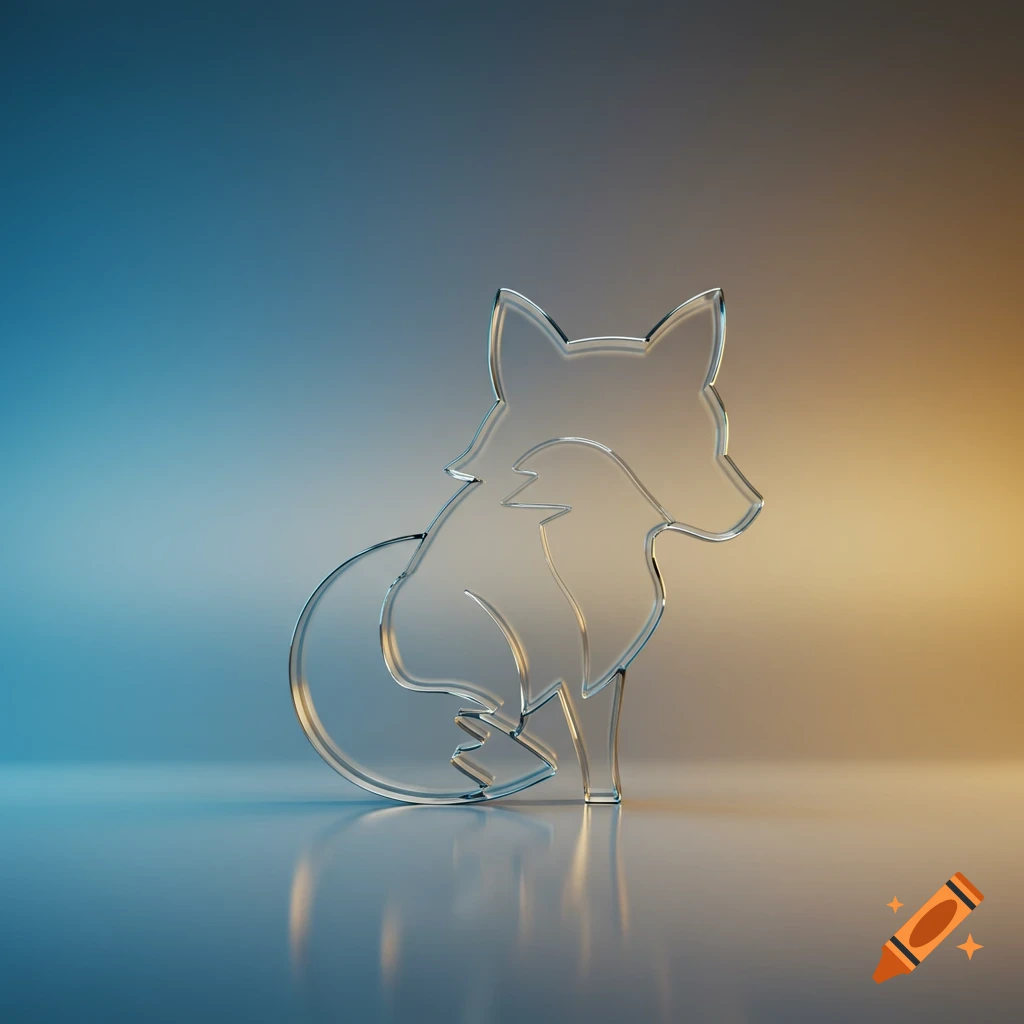 A clear, transparent glass-style fox logo, rendered in 3D, stands on a reflective surface against a blue and orange gradient background.