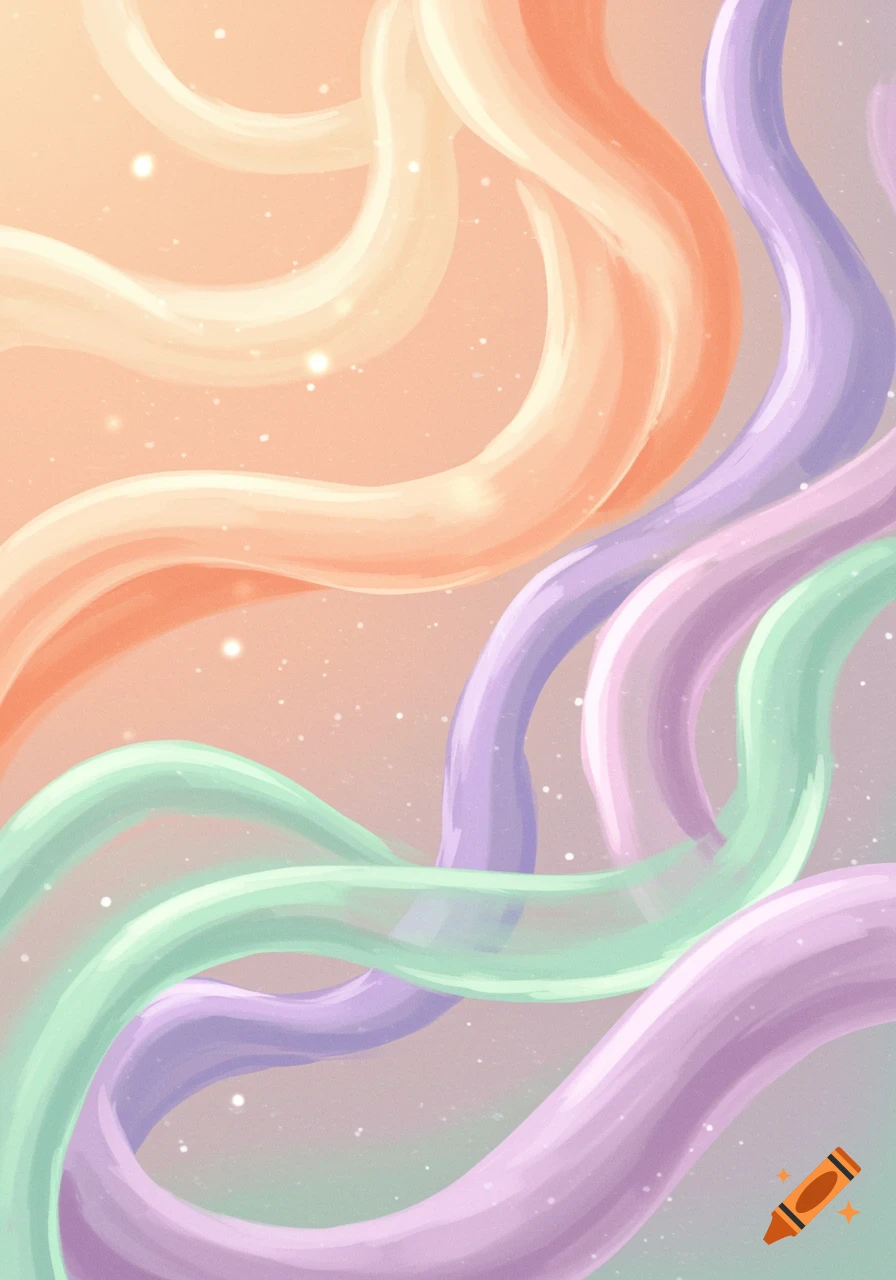 An abstract background with flowing, soft pastel ribbons in orange, purple, and green, featuring subtle white glitter against a peach-to-lavender gradient.