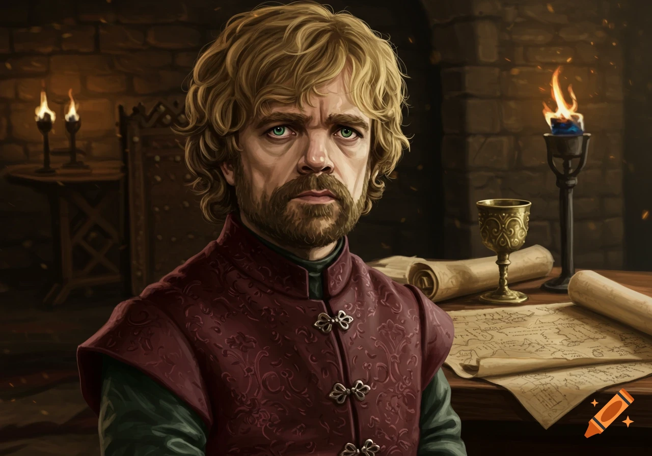 A painted portrait of Tyrion Lannister with green eyes and curly blonde hair, wearing a red tunic, at a wooden desk with a map and goblet.