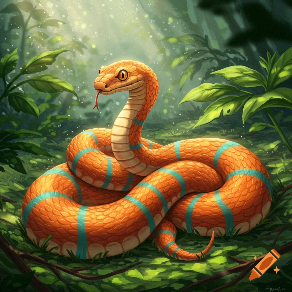 A vibrant orange and teal striped cartoon snake with yellow eyes and a red tongue coils in a lush green jungle setting.