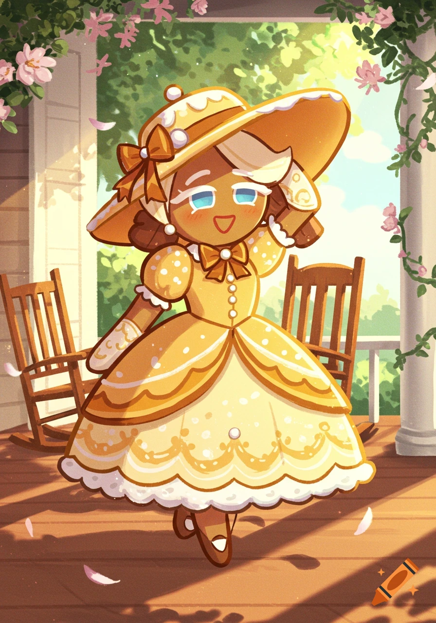 A cartoon character resembling a gingerbread cookie, dressed in a yellow Southern Belle-style gown and sun hat, stands on a sunny porch.