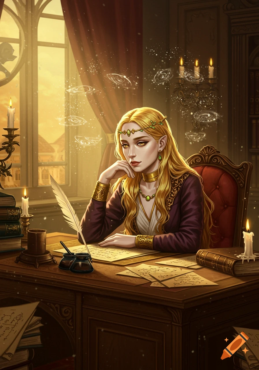 A fantasy woman with long blonde hair and pointed ears sits at a wooden desk with a quill, surrounded by mystical floating rings and candles.