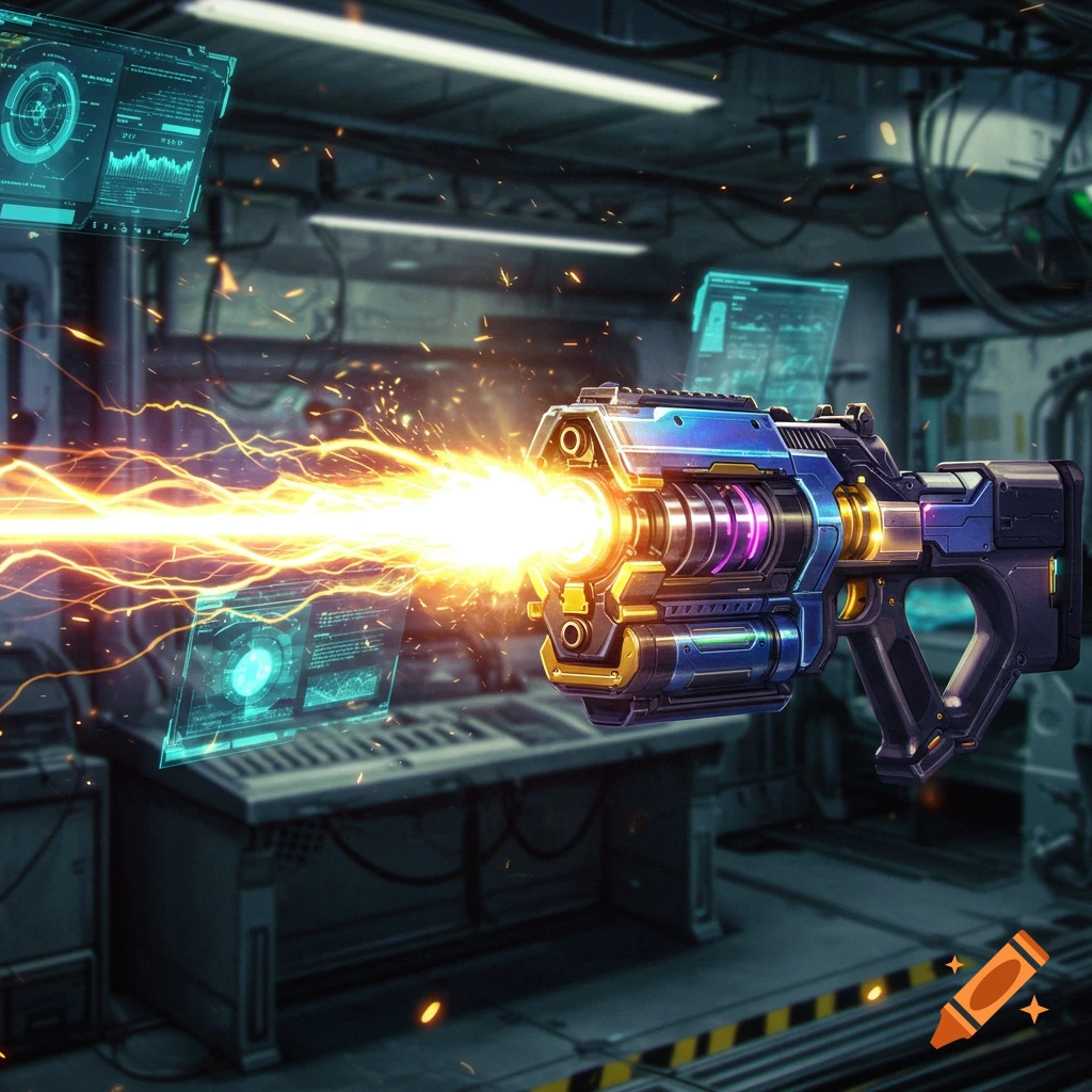 A vibrant, futuristic energy gun fires a bright orange beam in a dark sci-fi lab with holographic screens.