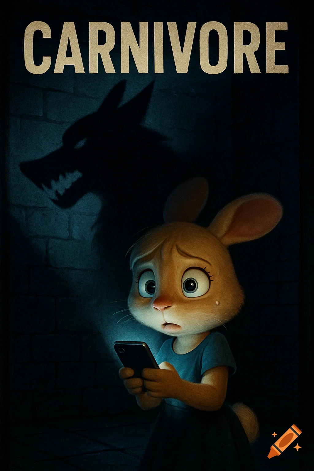 A scared, anthropomorphic cartoon bunny looks at its phone, illuminated by the screen, with a large wolf shadow looming on the wall behind it. The title "CARNIVORE" is at the top of the image.