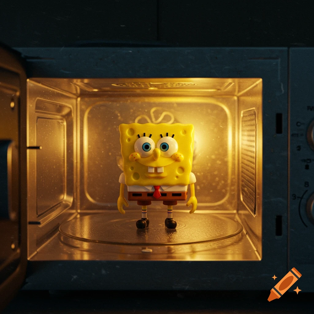 A photorealistic Spongebob SquarePants toy figure stands inside a lit microwave oven.