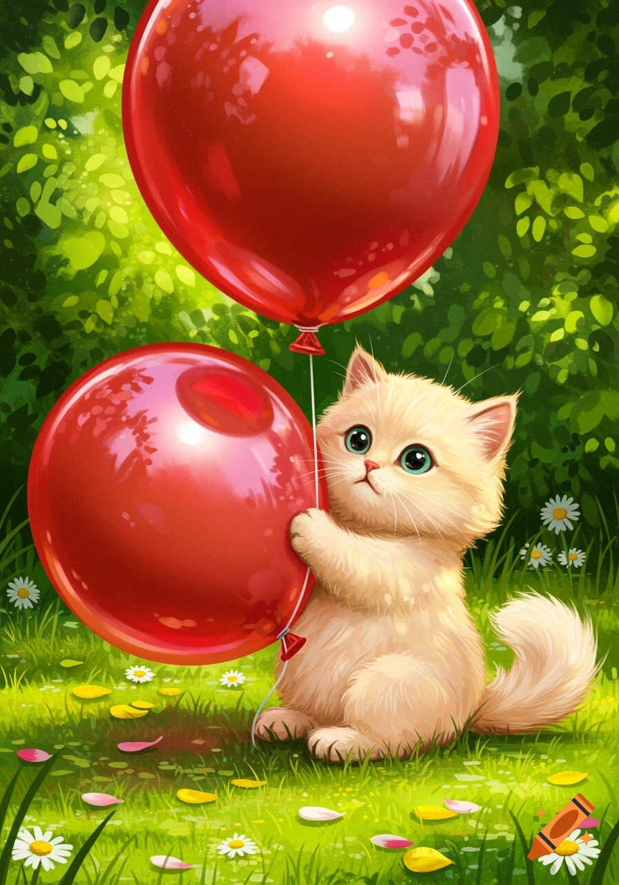 A cute fluffy light orange kitten with large teal eyes sits in a grassy field, hugging a large red balloon, with another red balloon floating above.