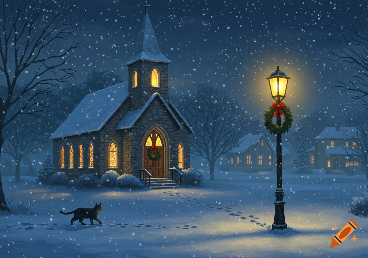 A black cat walks in a snowy village scene at night, past a glowing stone church and a lamppost with a Christmas wreath.