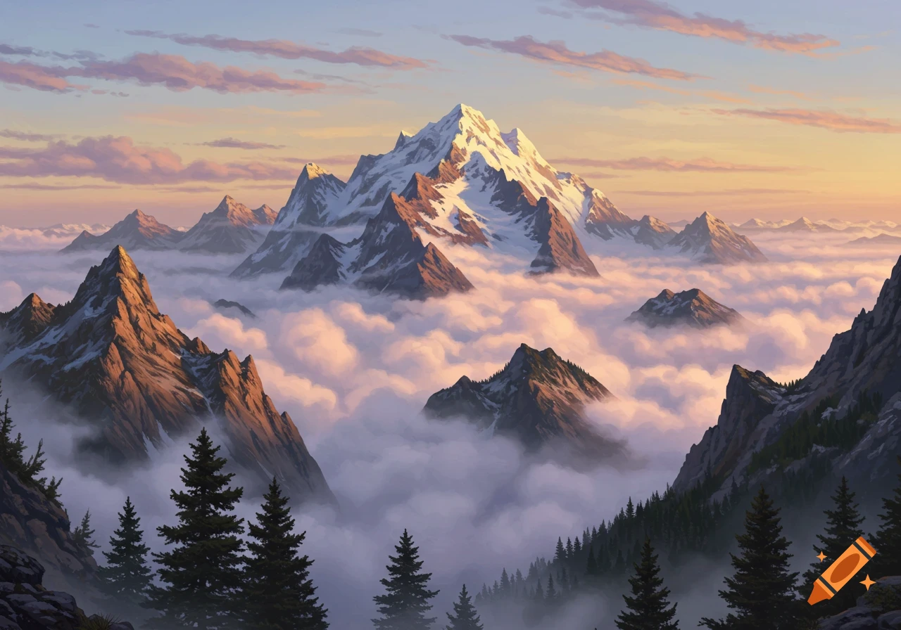 A serene painting of snow-capped mountains rising above a sea of clouds, illuminated by a warm sunrise sky and surrounded by pine trees.
