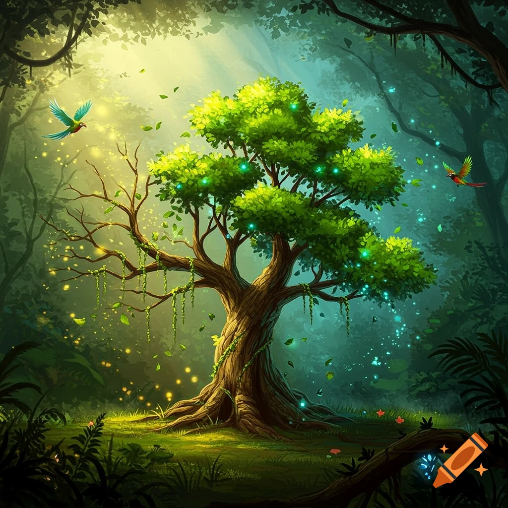 An enchanted forest scene with a glowing tree, magical particles, and colorful birds flying.
