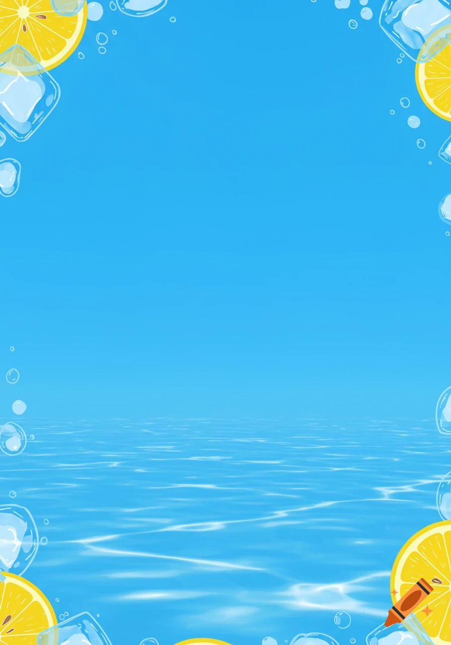 An illustration of a light blue background with lemon slices, ice cubes, and bubbles framing the edges, featuring a water surface texture at the bottom.