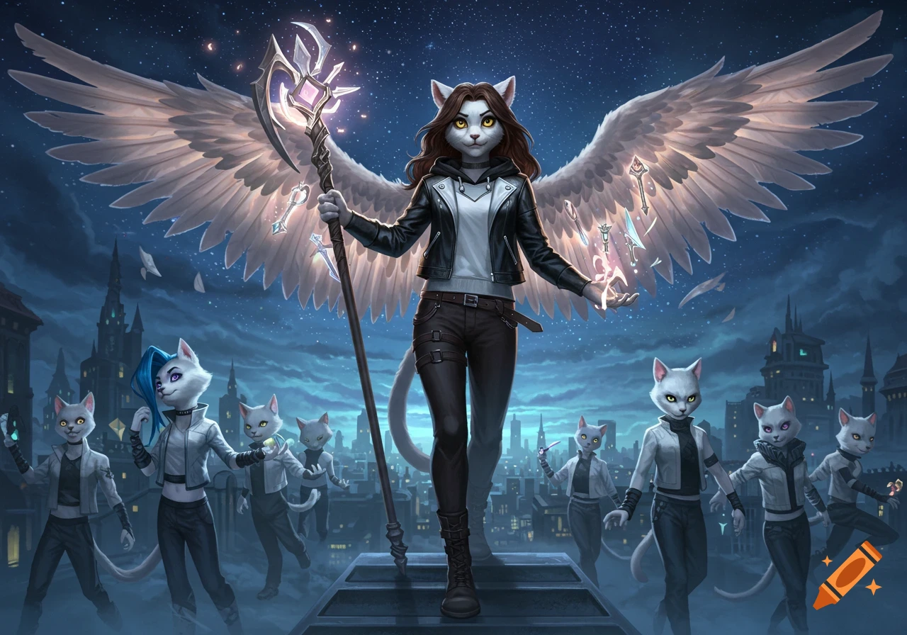 A white cat superhero girl with angel wings and a magic staff stands on a rooftop, surrounded by other cat people, against a city at night.