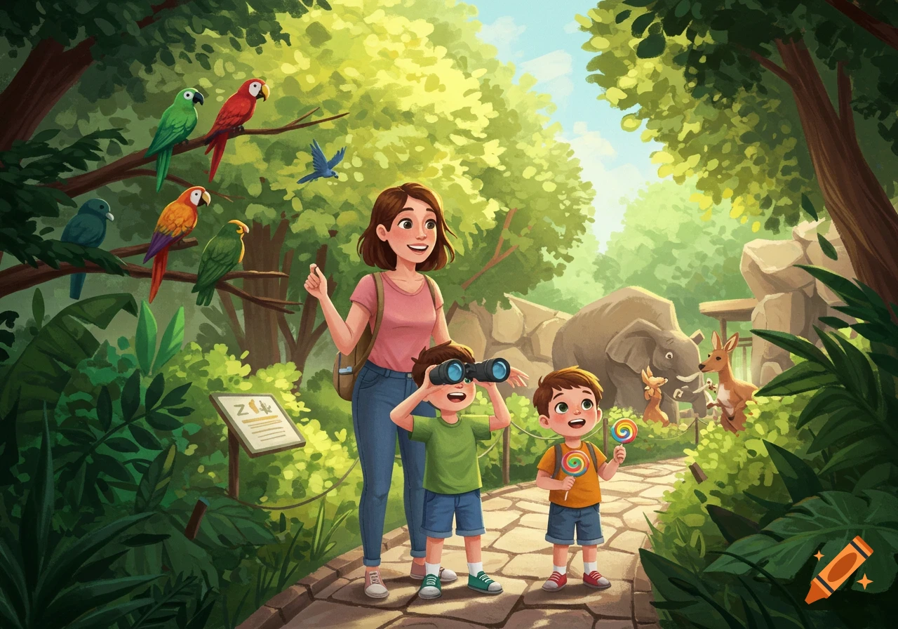 A mother and her two young sons, one with binoculars and one with a lollipop, enjoy a sunny day at the zoo, watching parrots, an elephant, and kangaroos in a vibrant cartoon style.