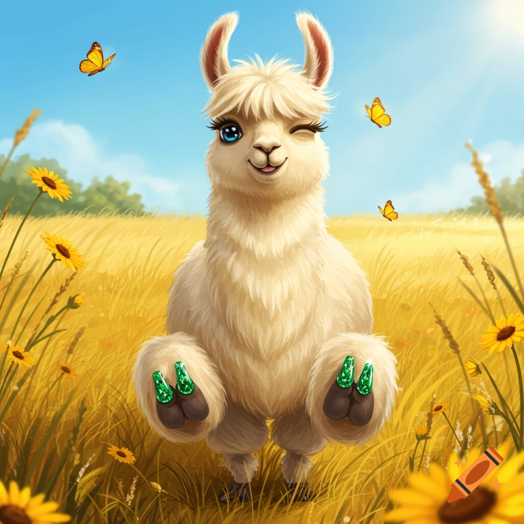 A fluffy white llama with blue eyes and green jeweled nails winks in a sunny field with yellow sunflowers and butterflies.
