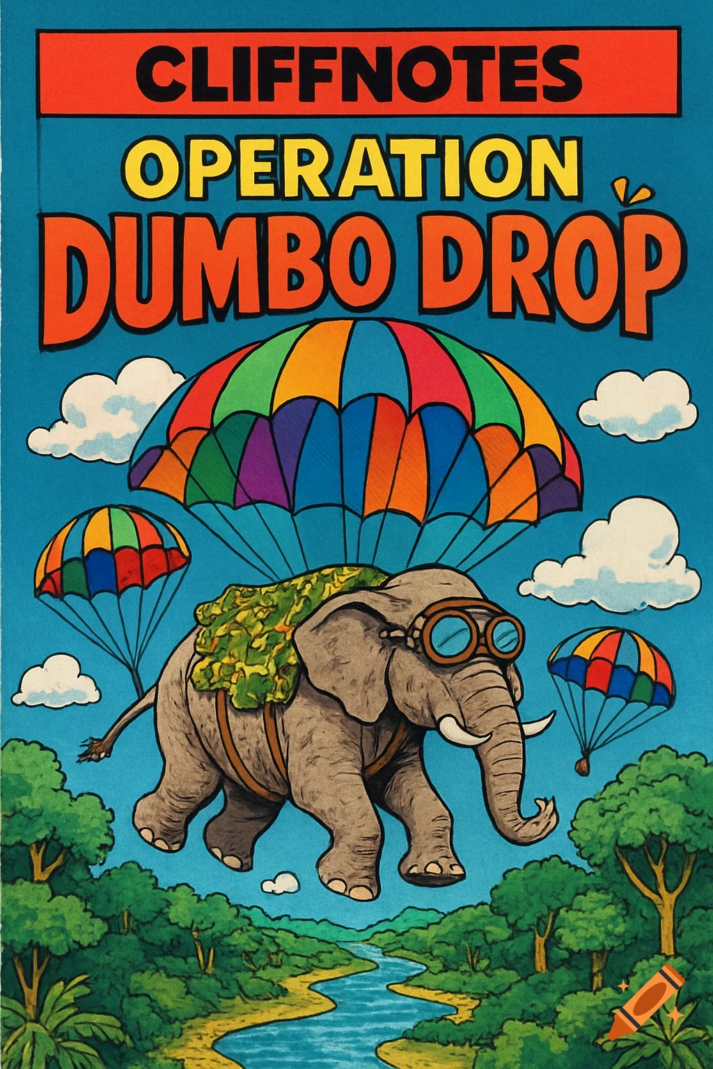 A retro-style illustration of an elephant with goggles and a colorful parachute, floating over a jungle. Text: CLIFFNOTES OPERATION DUMBO DROP.