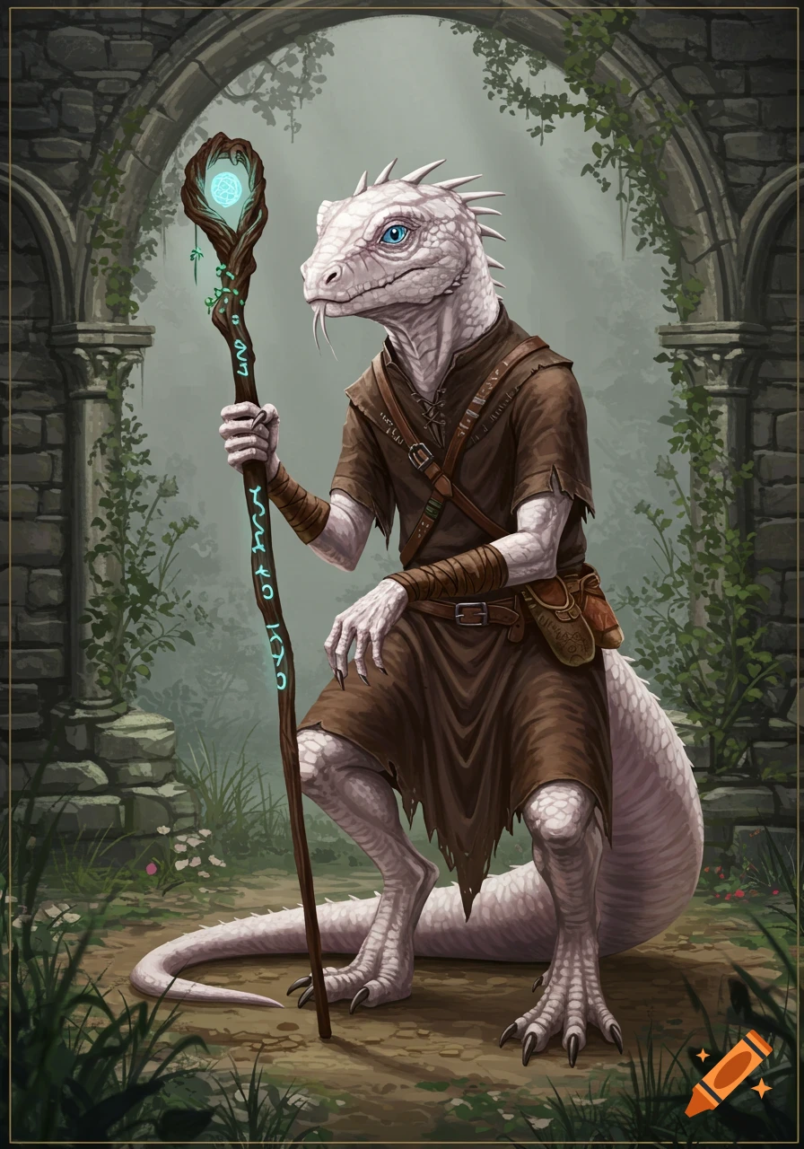 A white-scaled lizardfolk with blue eyes, wearing brown robes, holds a glowing staff while sitting in ancient stone ruins.