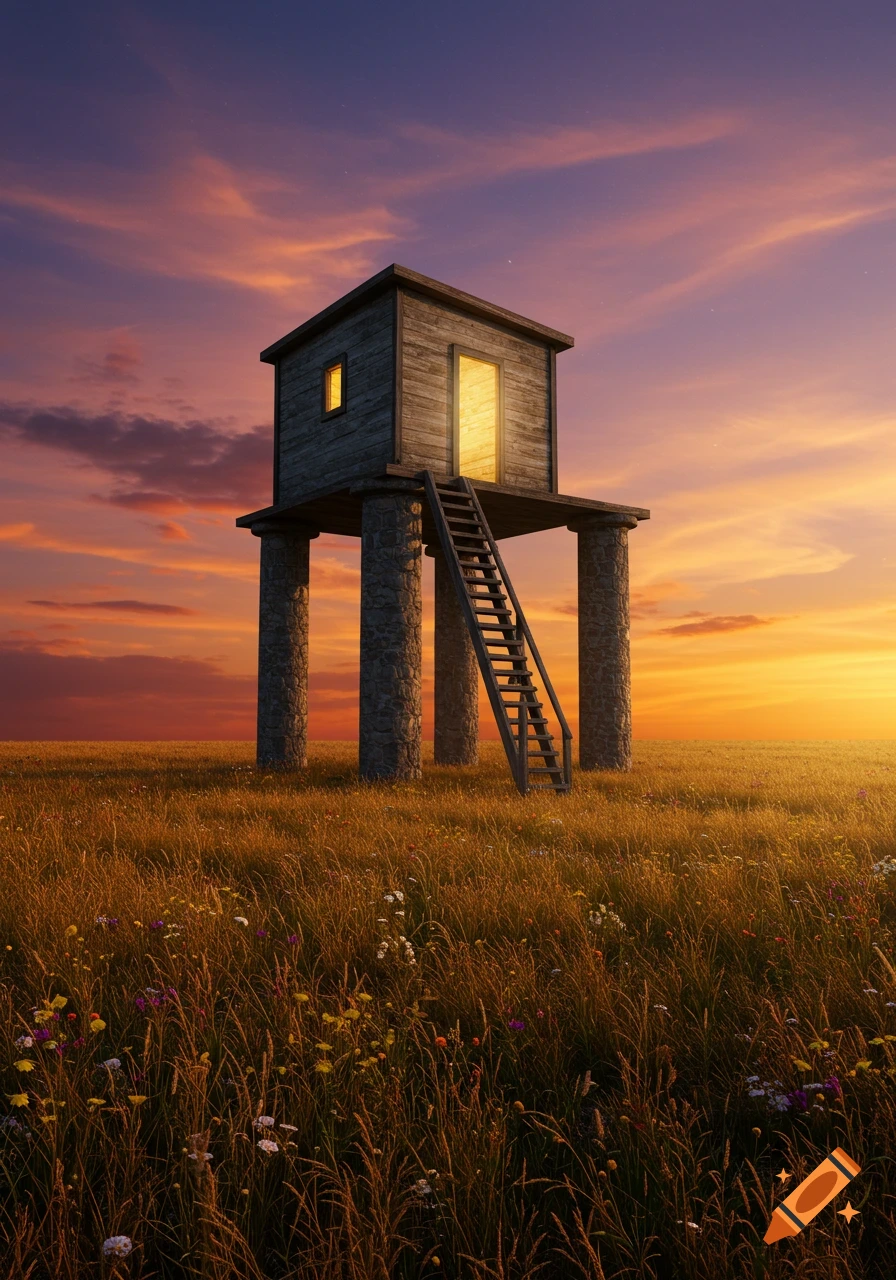 A small wooden house on tall stone pillars with a ladder leading to its door, standing in a golden field under a vibrant sunset sky.