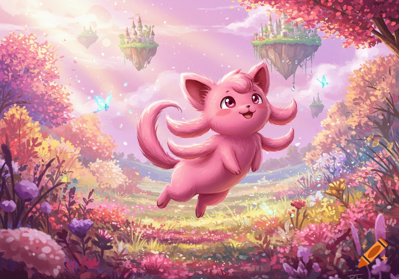 A happy pink fluffy creature floats above a vibrant field of colorful flowers with pink trees and floating castles in the background.