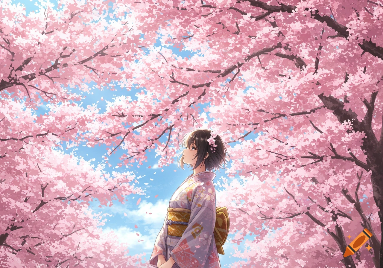 An anime girl in a kimono stands under vibrant pink cherry blossom trees against a blue sky, looking up.