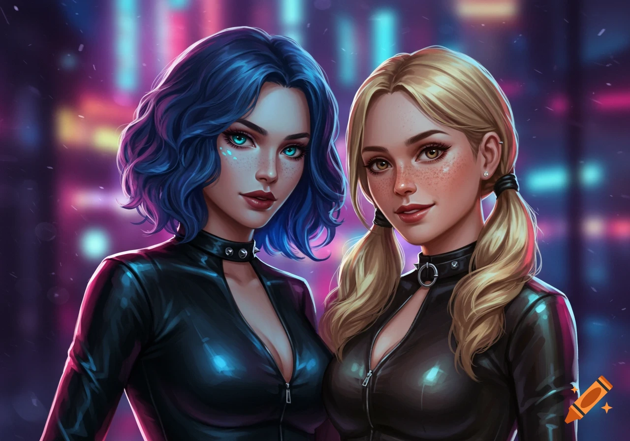 Digital art portrait of two women in black leather outfits with chokers, one with blue wavy hair, the other with blonde pigtails, set against a blurry neon city background.