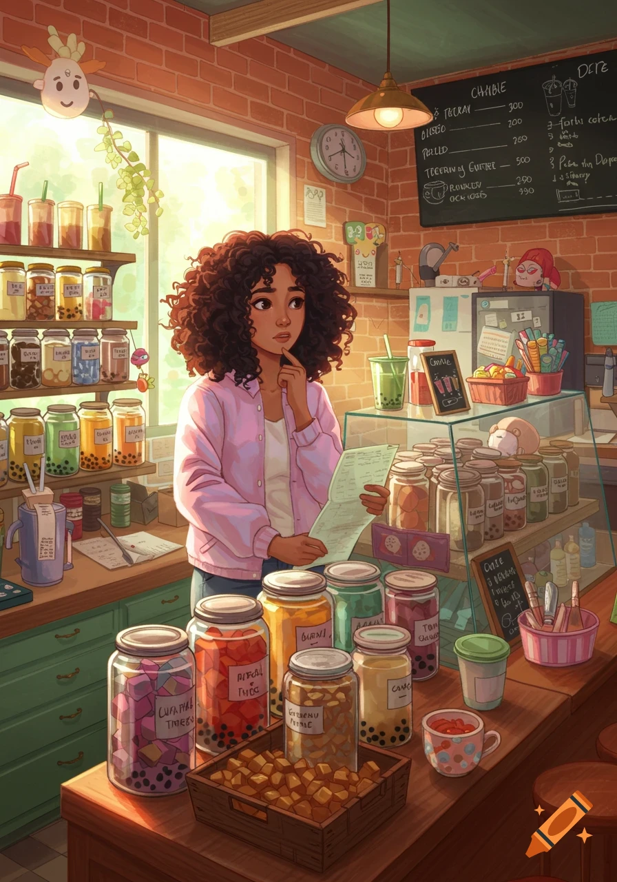 An illustrated woman with curly hair looks confused while holding a paper in a bright, colorful bubble tea shop filled with jars of toppings.