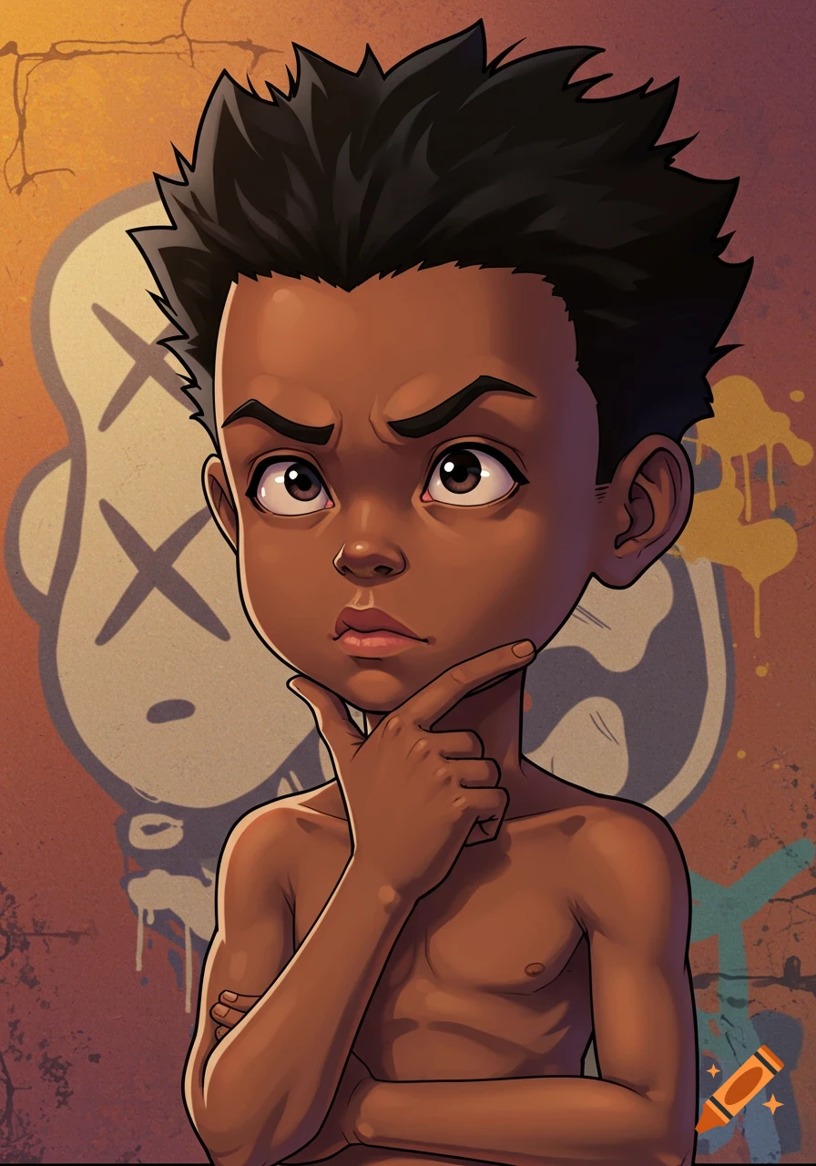 An anime-style illustration of a thoughtful young boy with spiky hair, shirtless, against a graffiti wall.