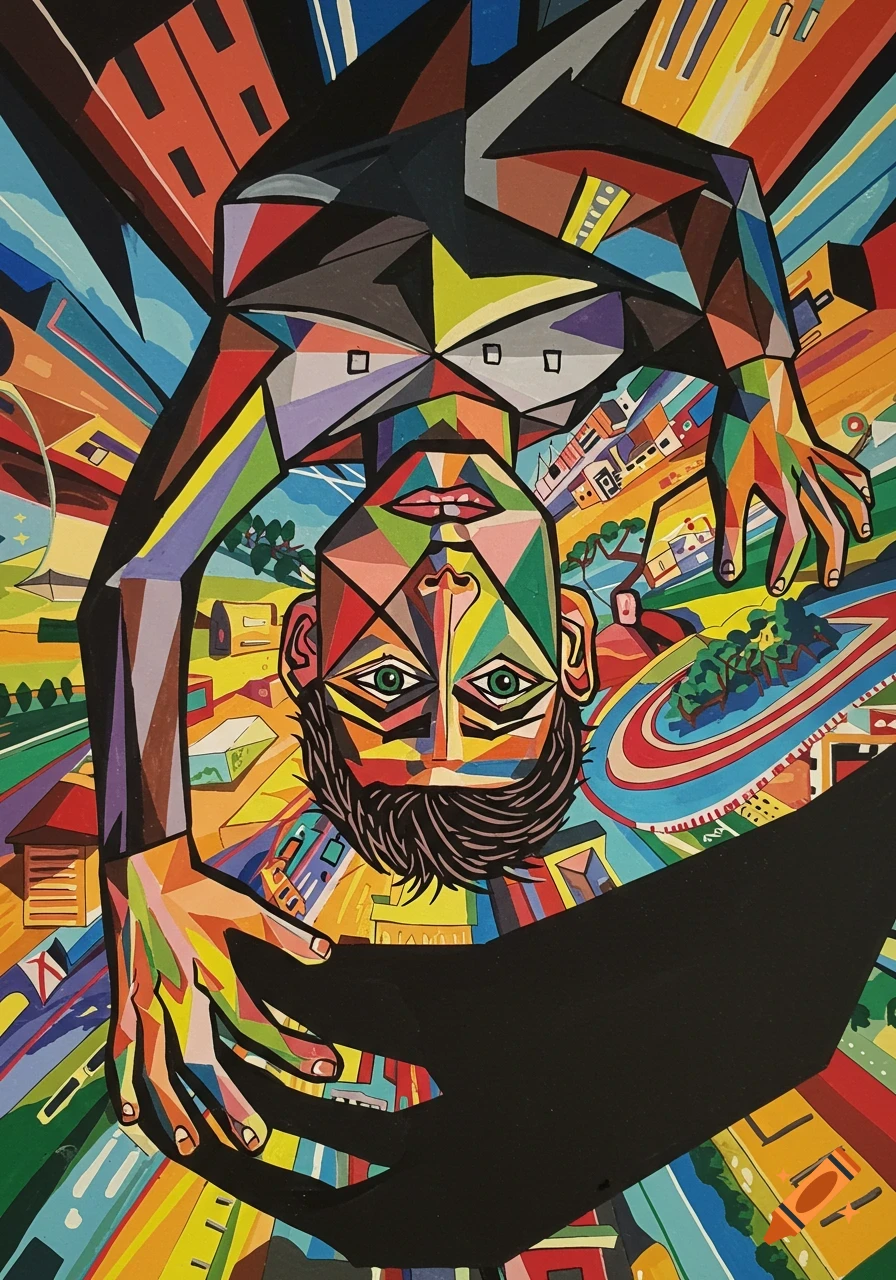 An abstract, cubist-style painting of an upside-down man with geometric features, set against a vibrant, fragmented cityscape.