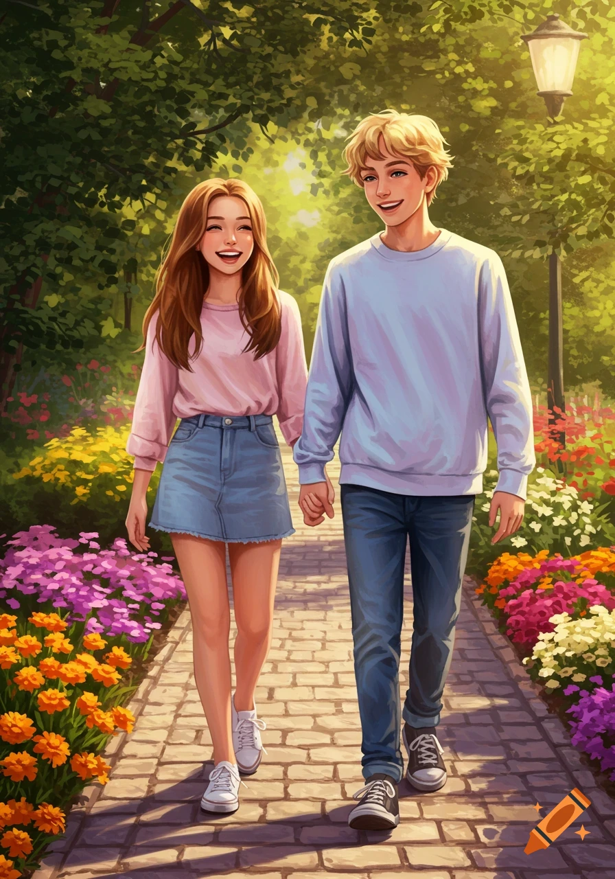 An anime illustration of a smiling teen couple walking hand-in-hand on a brick path in a vibrant park with colorful flowers and green trees.