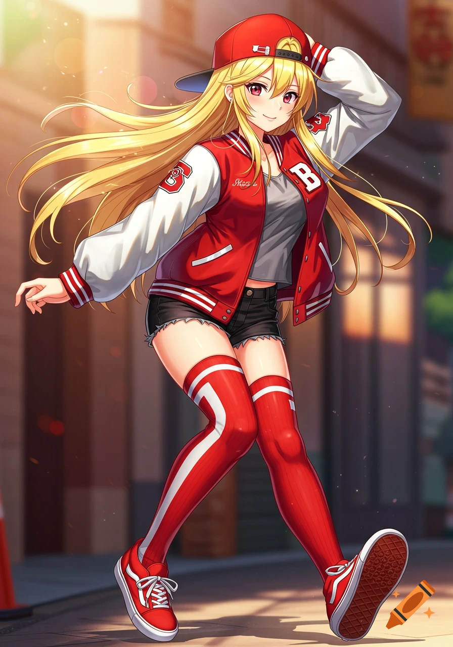 An anime girl with long blonde hair, red eyes, wearing a red baseball cap, red and white varsity jacket, black shorts, red and white thigh-high socks, and red sneakers.