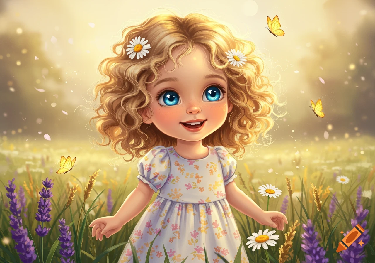A happy cartoon girl with blonde curly hair and blue eyes smiles in a field of purple lavender and white daisies with butterflies.