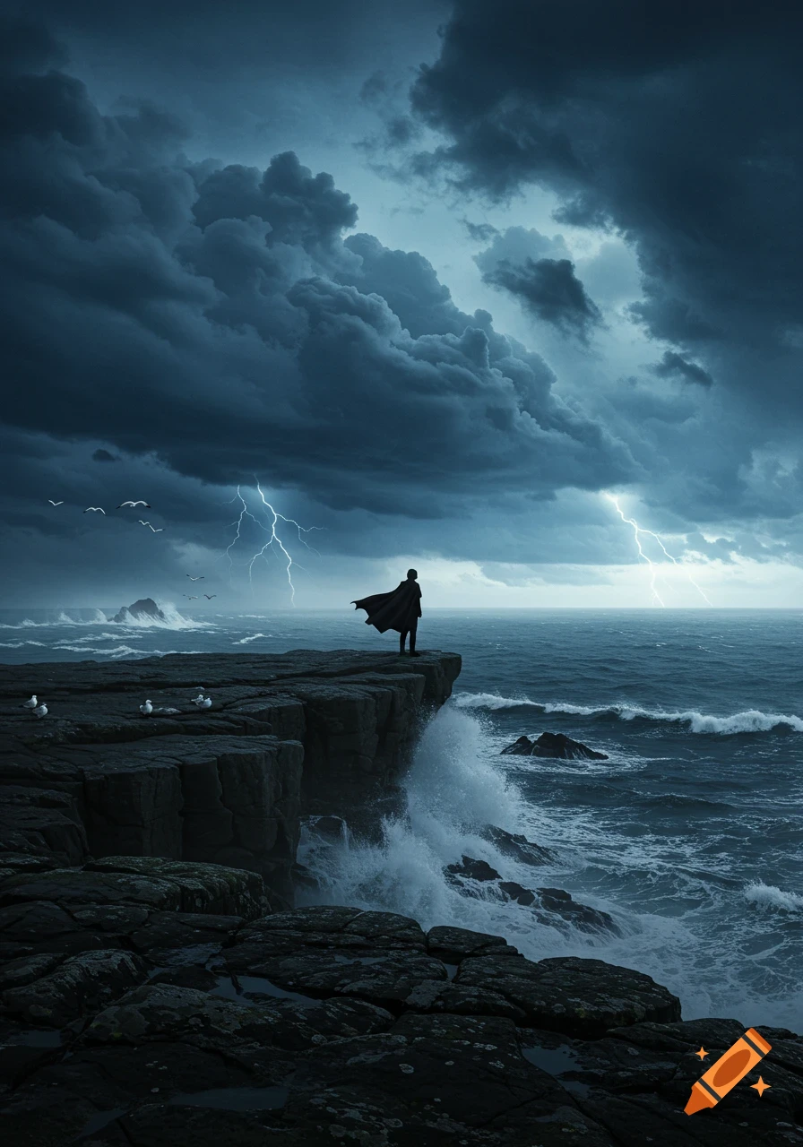 A person in a flowing cape stands on a dark cliff overlooking a stormy, lightning-struck ocean with crashing waves.