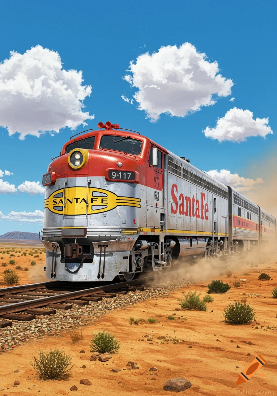A red and silver Santa Fe locomotive with a yellow nose travels through a dusty desert landscape under a bright blue sky with white clouds.