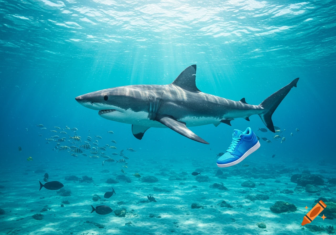 A photorealistic image of a shark swimming underwater, with a bright blue sneaker floating beside it.