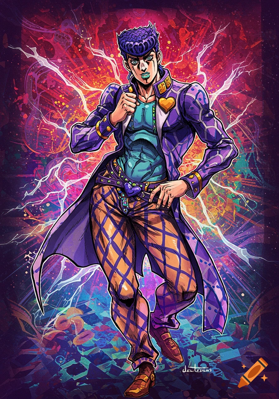 A stylized male anime character with purple hair and a vibrant purple coat, teal shirt, and orange diamond-patterned pants, standing against an energetic, colorful background.