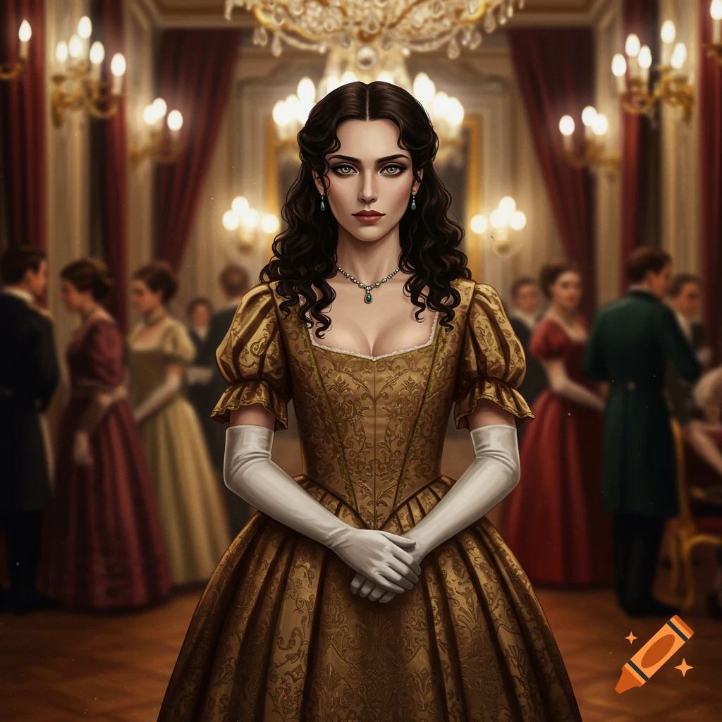 A digital painting of a woman with dark hair and grey eyes, wearing a gold historical gown and white gloves, standing in a grand ballroom.