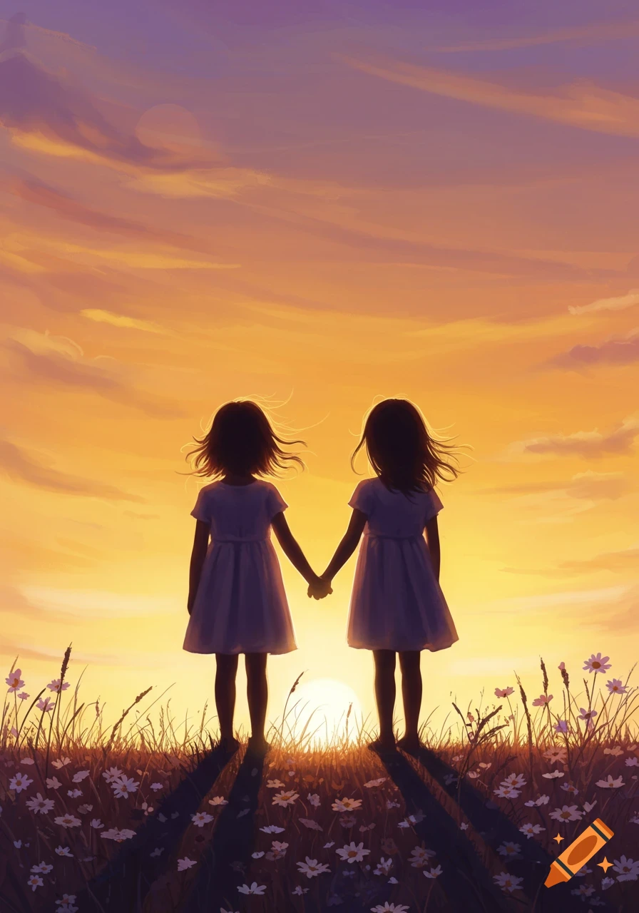 Two little girls holding hands, silhouetted against a vibrant orange and purple sunset in a field of flowers.