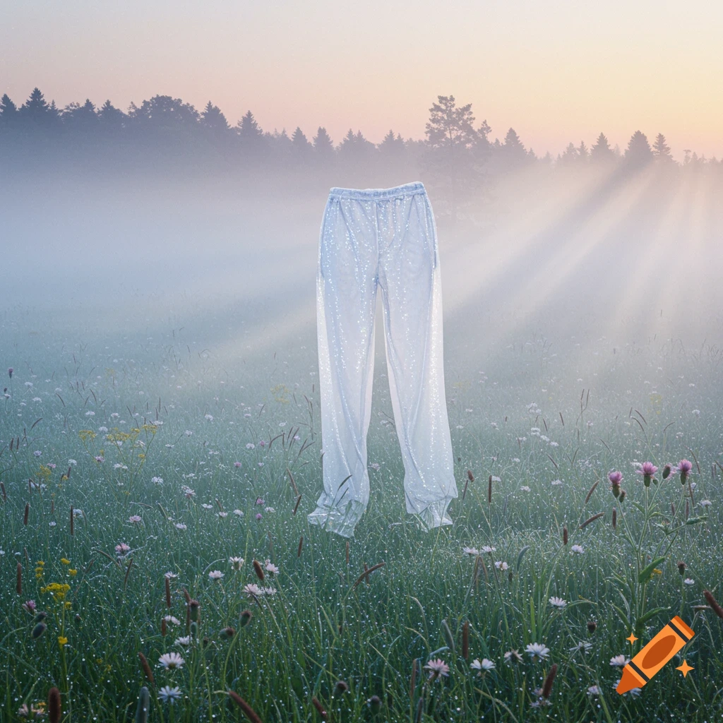 A pair of light-colored, shimmery pants float mid-air in a misty green field with wildflowers at sunrise, with forest and sun rays in the background.