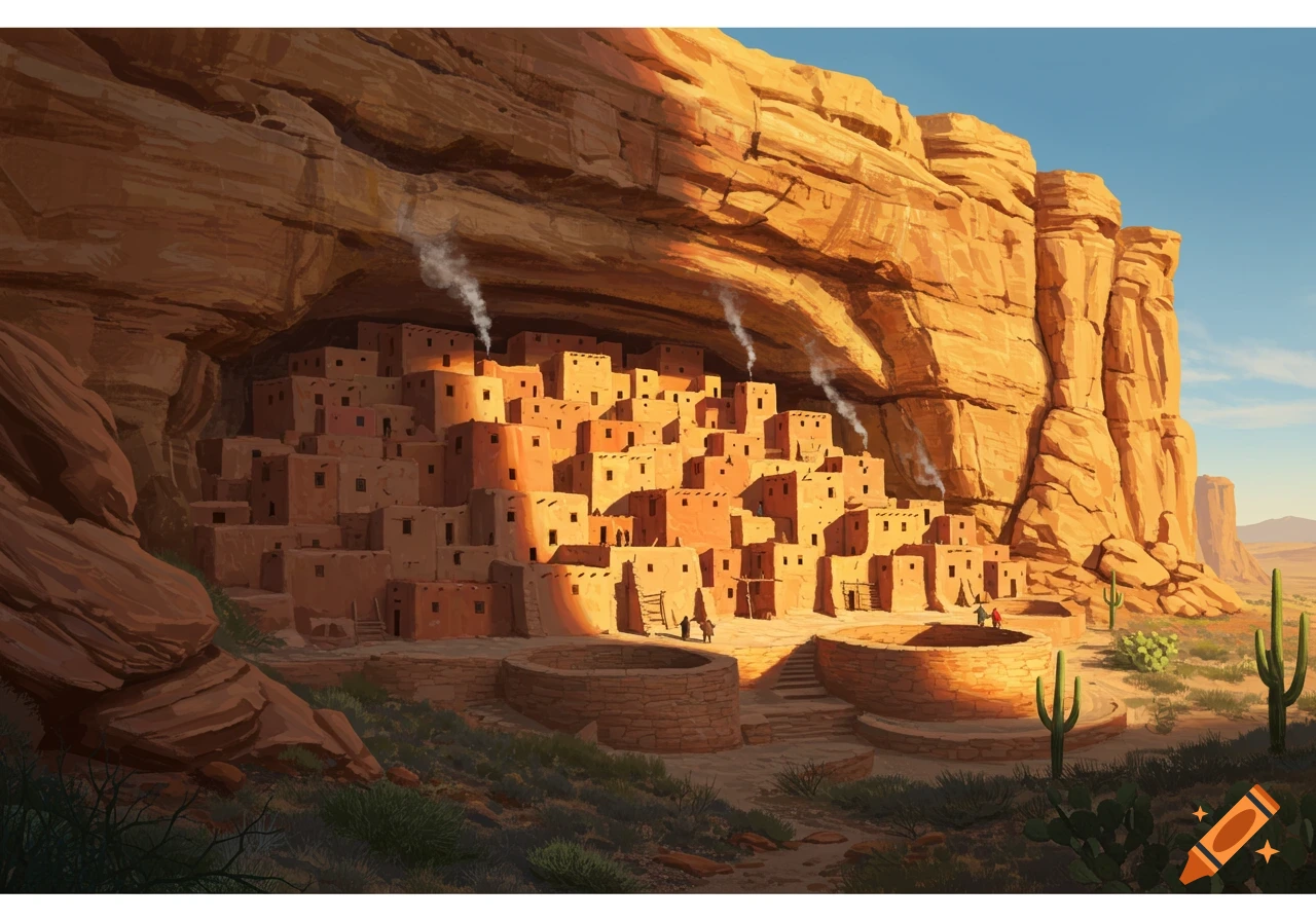 A Pueblo village built into a massive desert mesa, with smoke rising from chimneys and cacti in the foreground.