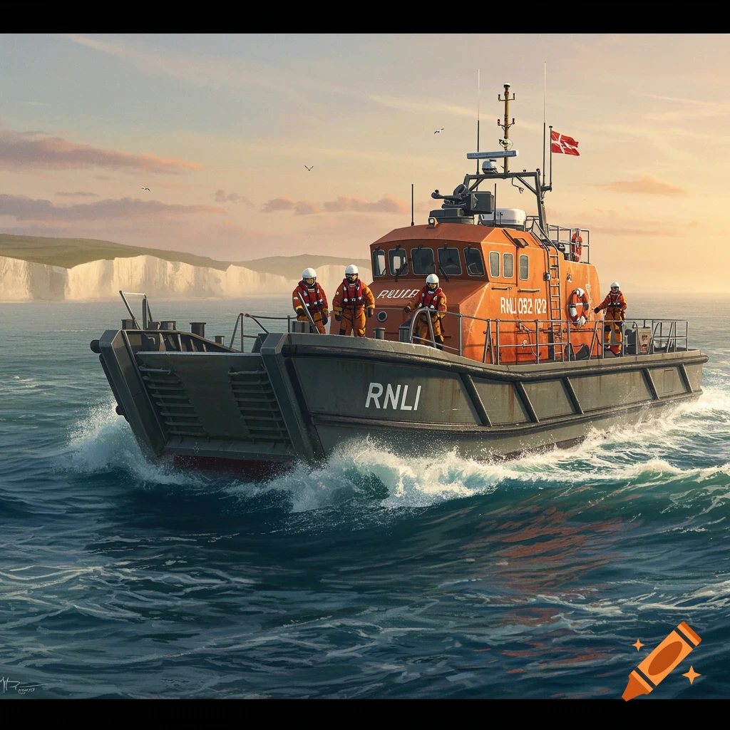 A realistic image of an orange and dark gray RNLI landing craft with crew members on a choppy sea, with white cliffs in the background under a sunrise sky.