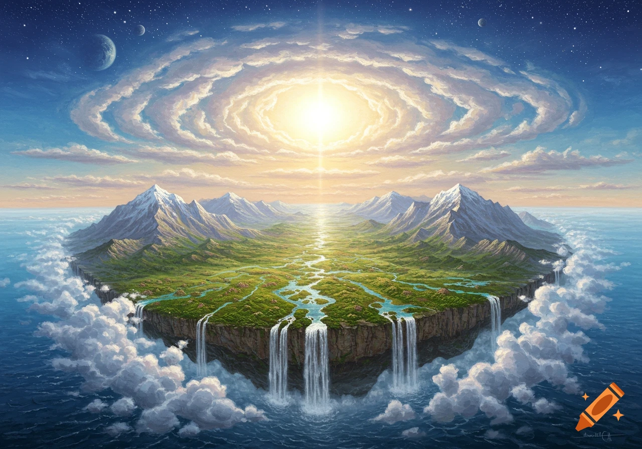 Vibrant fantasy landscape of a floating island with mountains, rivers, and waterfalls cascading into an ocean, under a radiant sun and starry sky with moons.