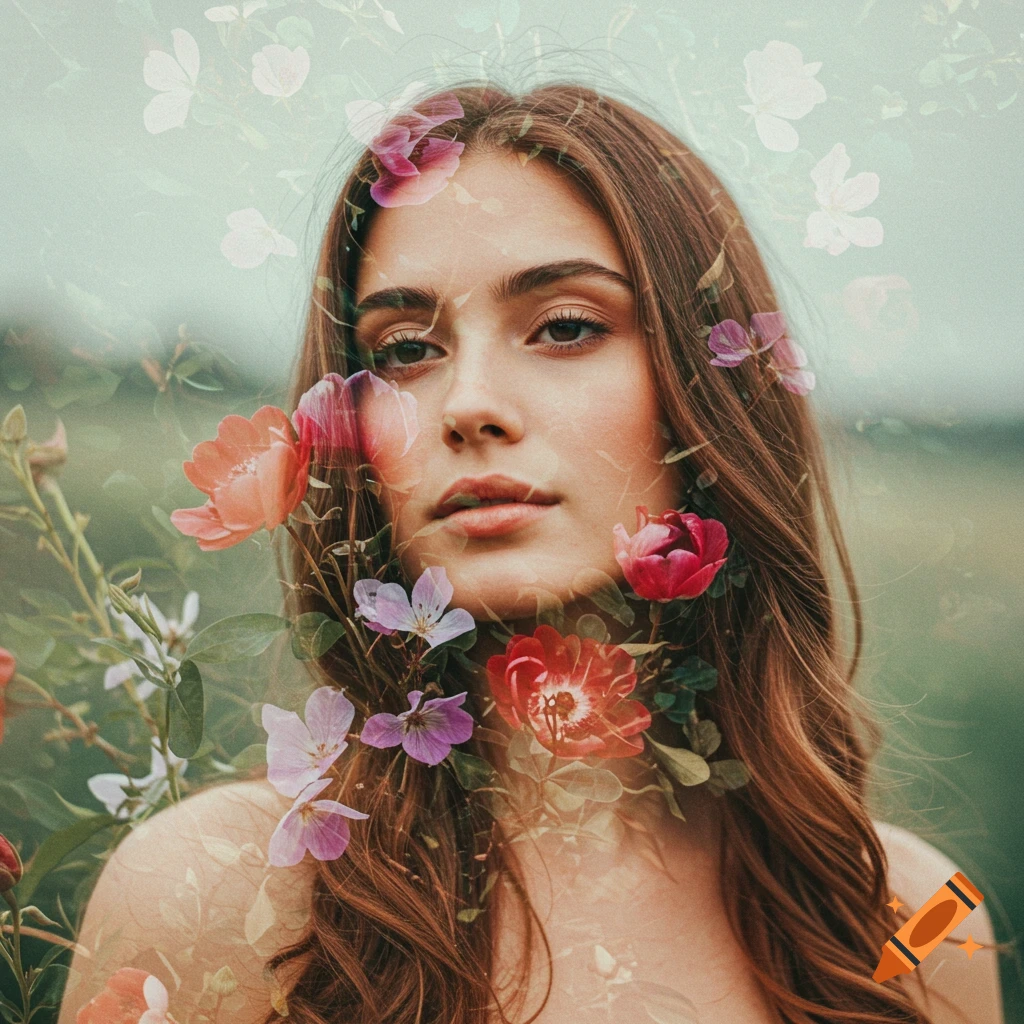 A double exposure portrait of a woman with long brown hair, overlaid with colorful flowers and foliage.