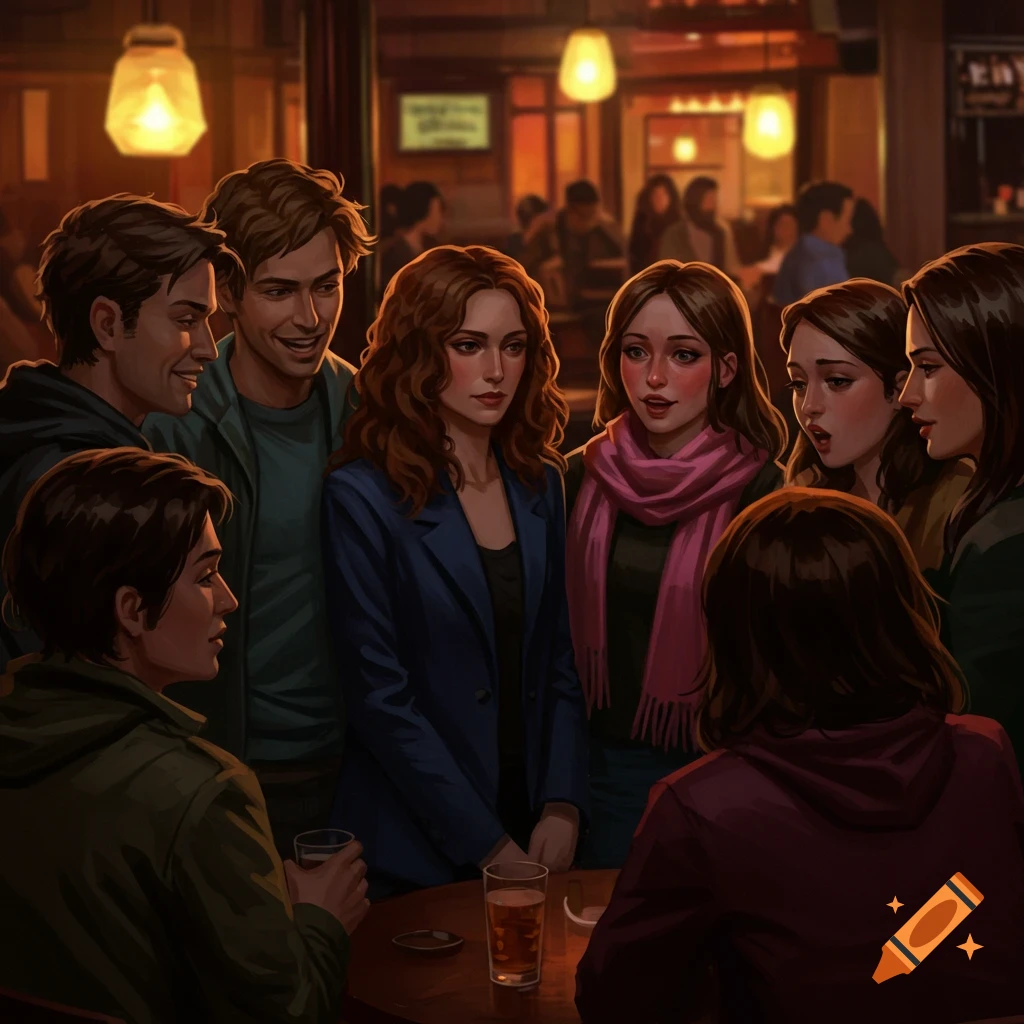 A group of young adults gathered in a warmly lit bar, standing in a circle and socializing, some holding drinks, in a digital painting style.