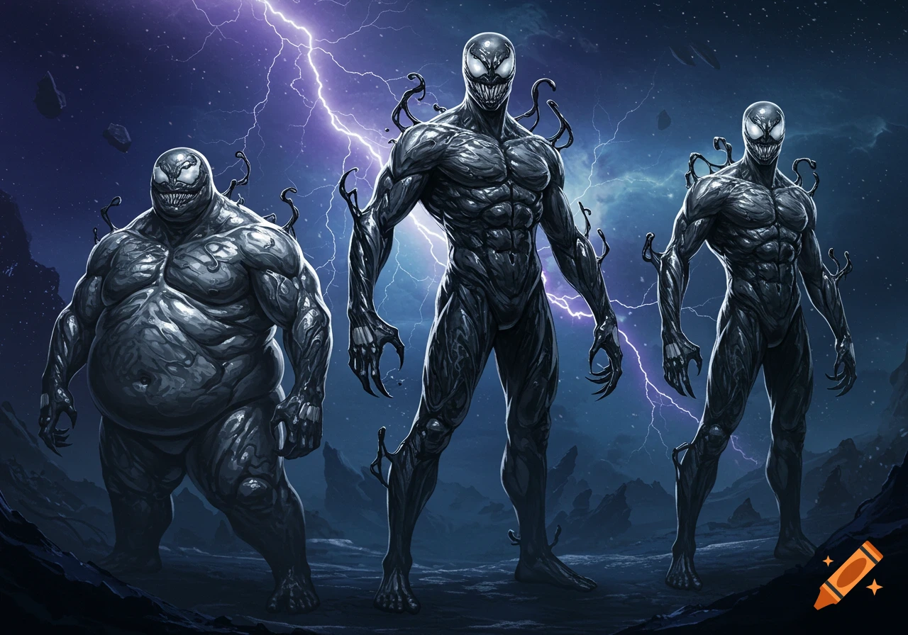 Three Venom symbiotes, one fat, one average, and one with tendrils resembling curly hair, stand against a stormy cosmic background.
