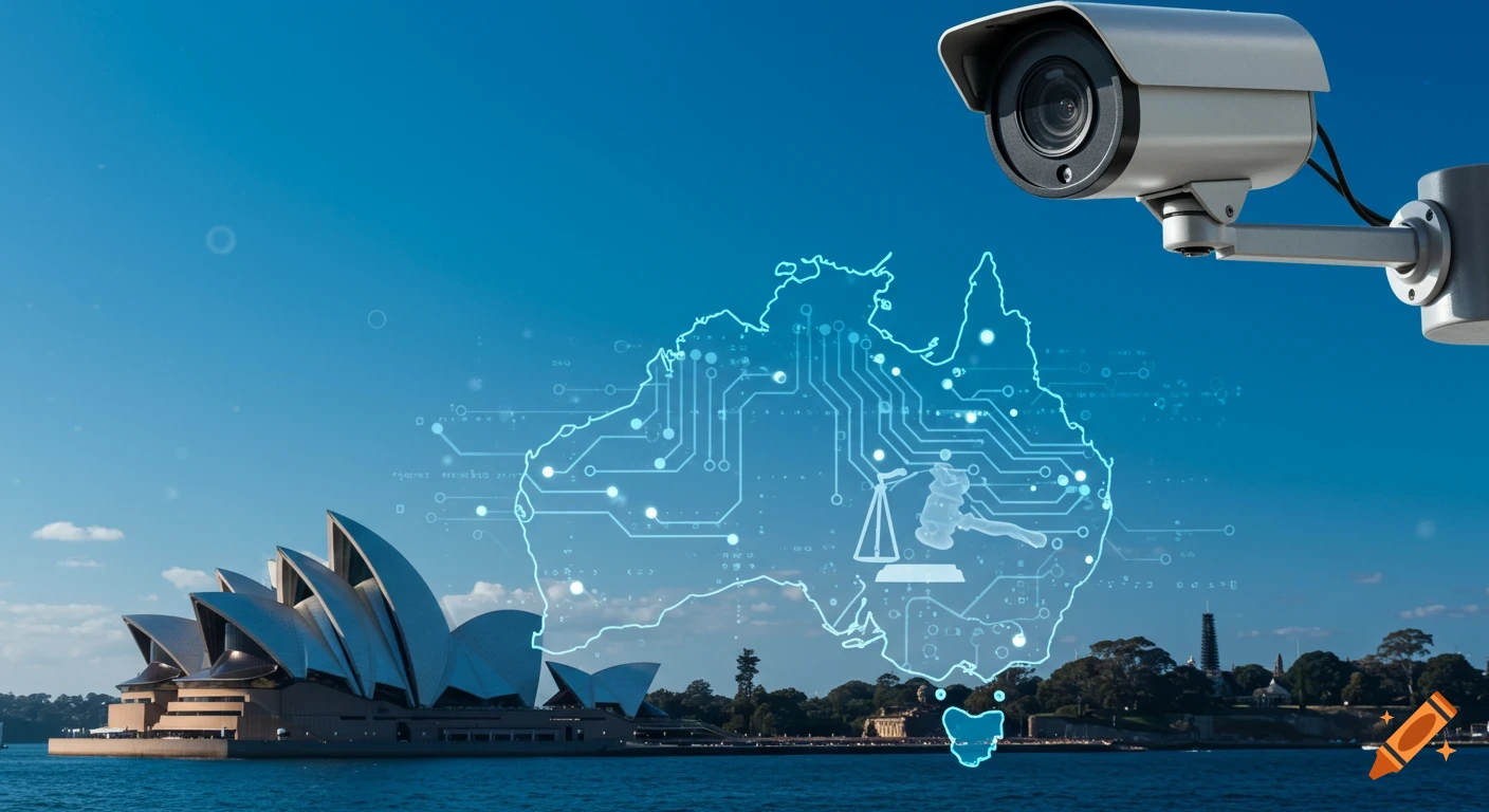 A CCTV camera overlooks the Sydney Opera House and a glowing circuit-board map of Australia, featuring symbols of law, against a blue sky.