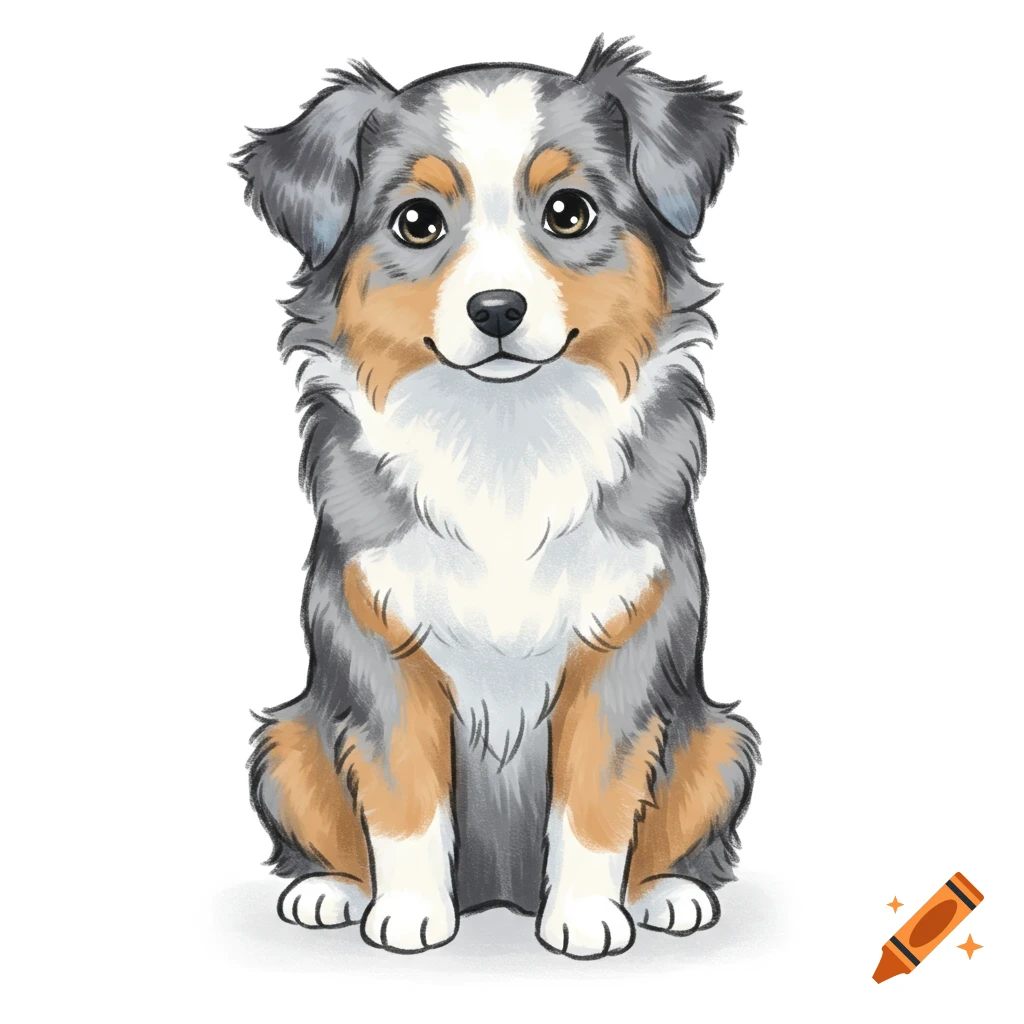 A cute blue merle Australian Shepherd dog sits on a white background in a children's illustration style.