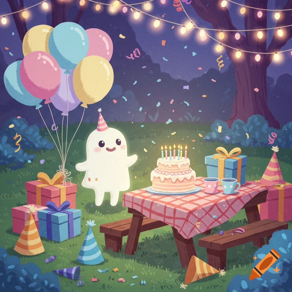 A cute white ghost character with a party hat stands at an outdoor birthday party with balloons, cake, gifts, and string lights.