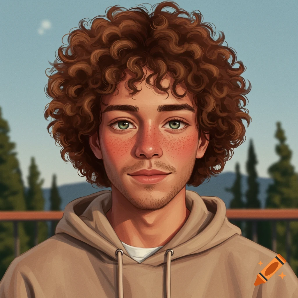 A close-up digital painting of a young man with curly brown hair, green eyes, and freckles, wearing a beige hoodie.