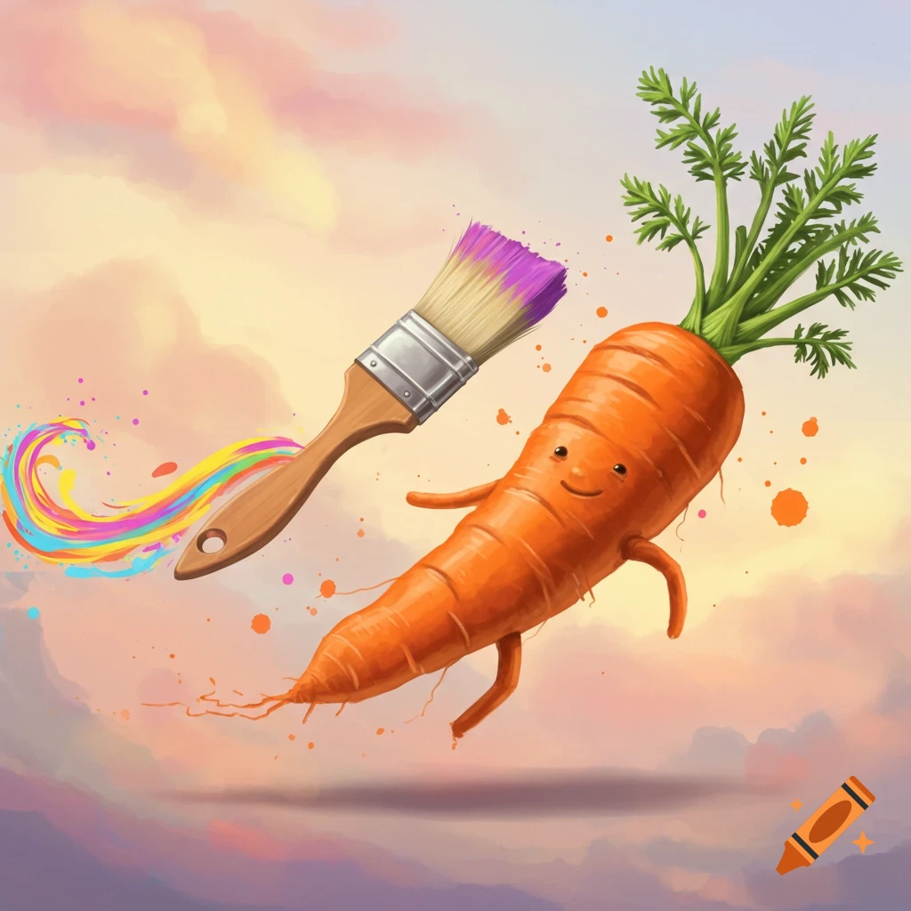 A whimsical illustration of a happy, walking carrot next to a paintbrush painting a rainbow swirl, set against a colorful sky.