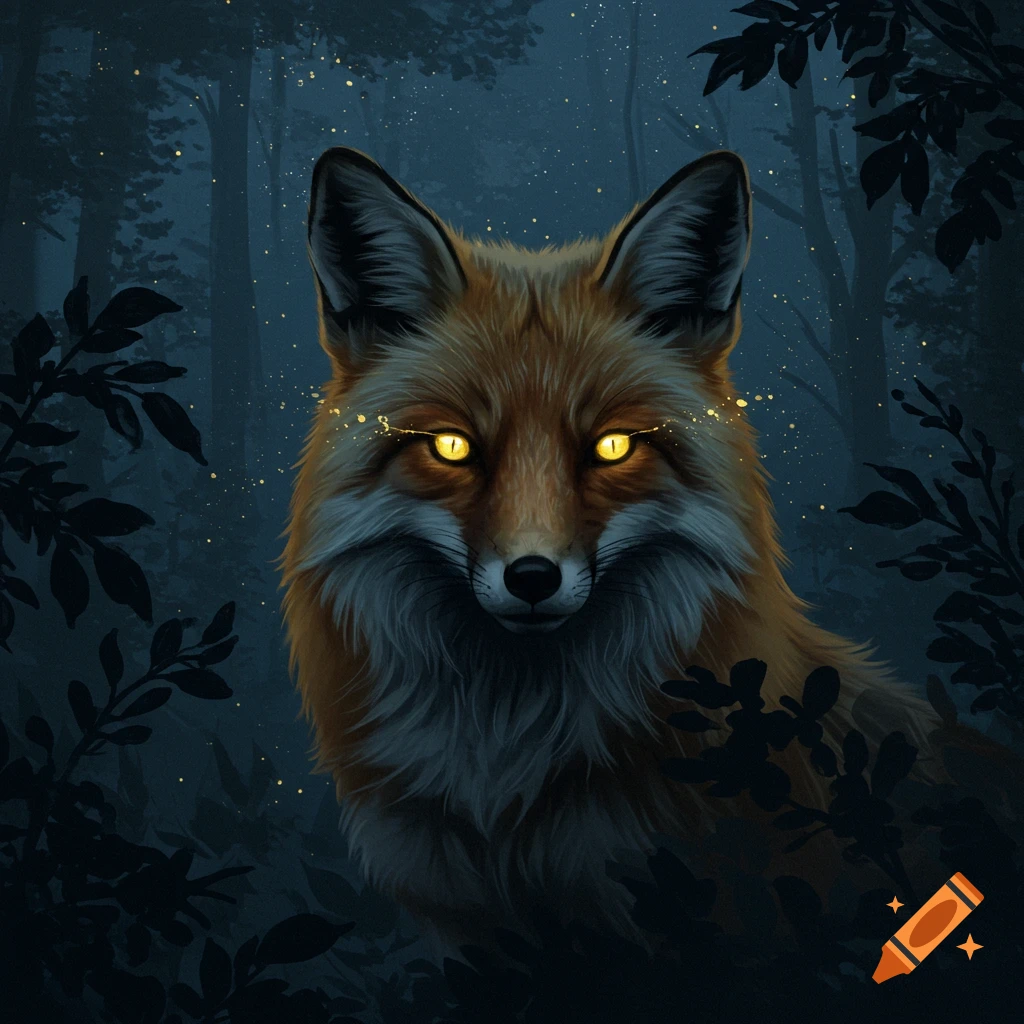 Close-up illustration of a fox with glowing golden eyes in a dark, mystical forest.