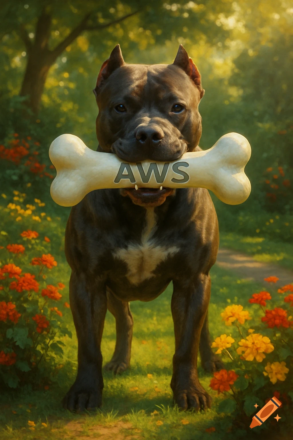 A photorealistic dark brown pitbull stands in a sunny park, holding a large bone with 'AWS' in its mouth, surrounded by flowers.